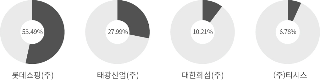 롯데쇼핑(주):53.49%, 태광산업(주)27.99%, 대한화섬(주):10.21%, 주식회사티시스:6.78%